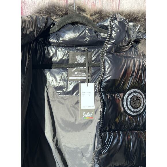 SWITCH REMARKABLE Men’s Puffer Coat Jacket Studded Insulated Fur Hood Black XL - Picture 9 of 12